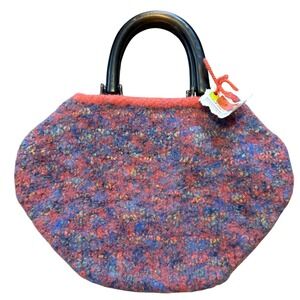 Vtg nwt Hand-Felted Wool‎ Handbag w/ Black Arched wood handles 1990s Artisan Bag